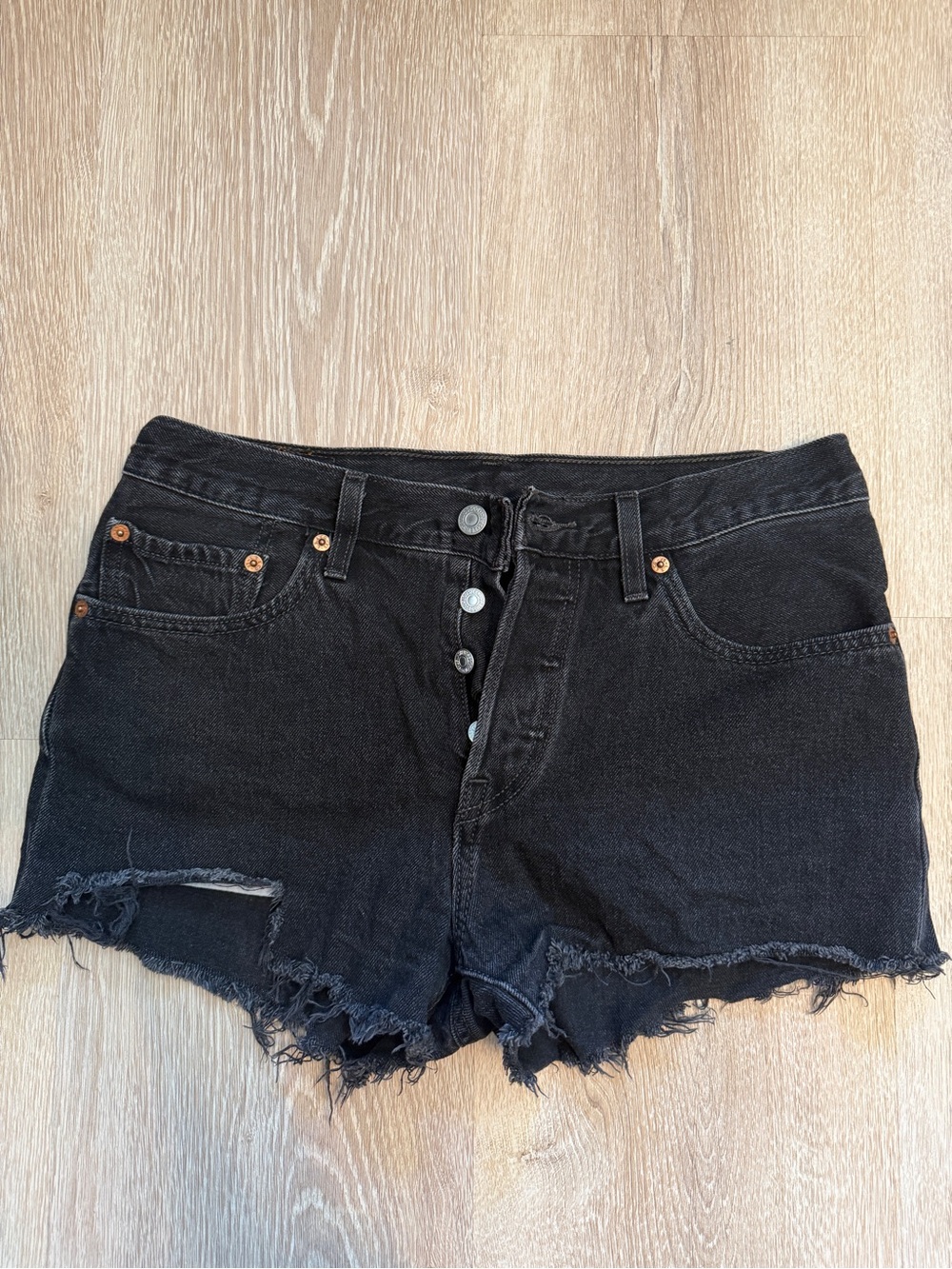 Levi's Black Distressed Raw-Hem Denim Shorts